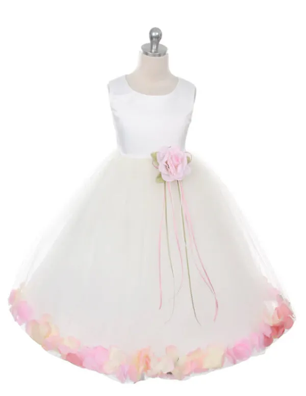 160B [SASH] White Satin Flower Petal Girl Dress with Organza Sash 1 of 2