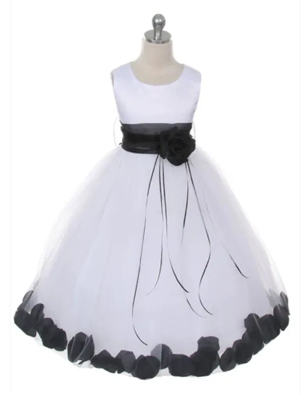 160B [SASH] White Satin Flower Petal Girl Dress with Organza Sash 1 of 2