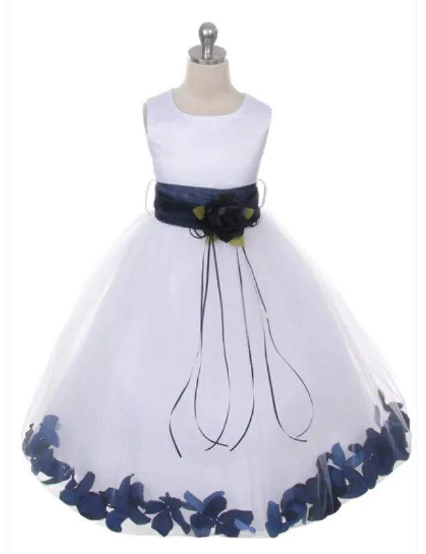 160B [SASH] White Satin Flower Petal Girl Dress with Organza Sash 1 of 2