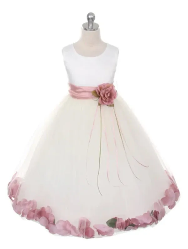 160B [SASH] White Satin Flower Petal Girl Dress with Organza Sash 1 of 2