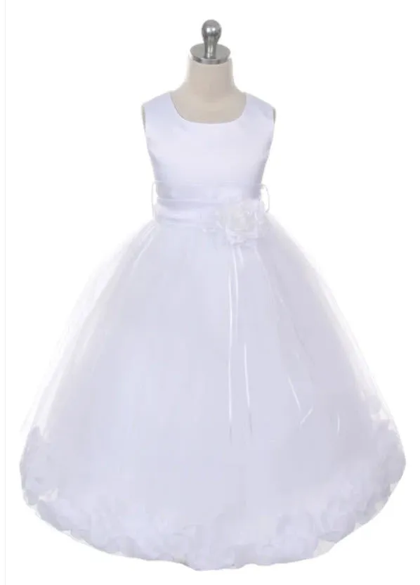 160B [SASH] White Satin Flower Petal Girl Dress with Organza Sash 1 of 2