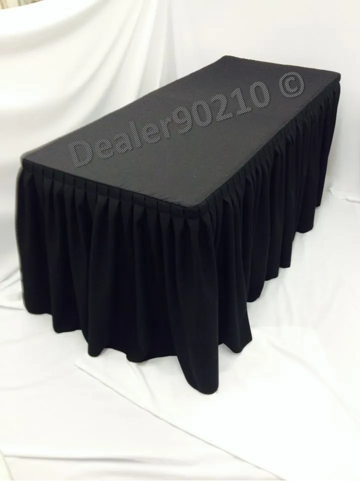 6' Ft. Fitted Polyester Double Pleated Table Skirt Cover W/top Topper Black"