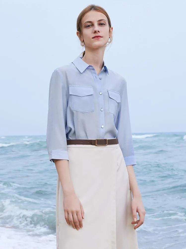 Acetate Shirt And Half Women Skirt Two-Piece Set With Leather Belt