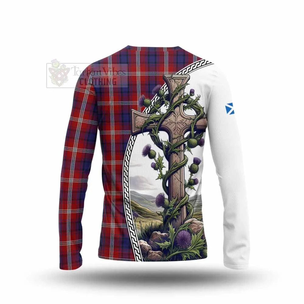 Ainslie Tartan Long Sleeve T-Shirt with Family Crest and St. Andrew's Cross Accented by Thistle Vines