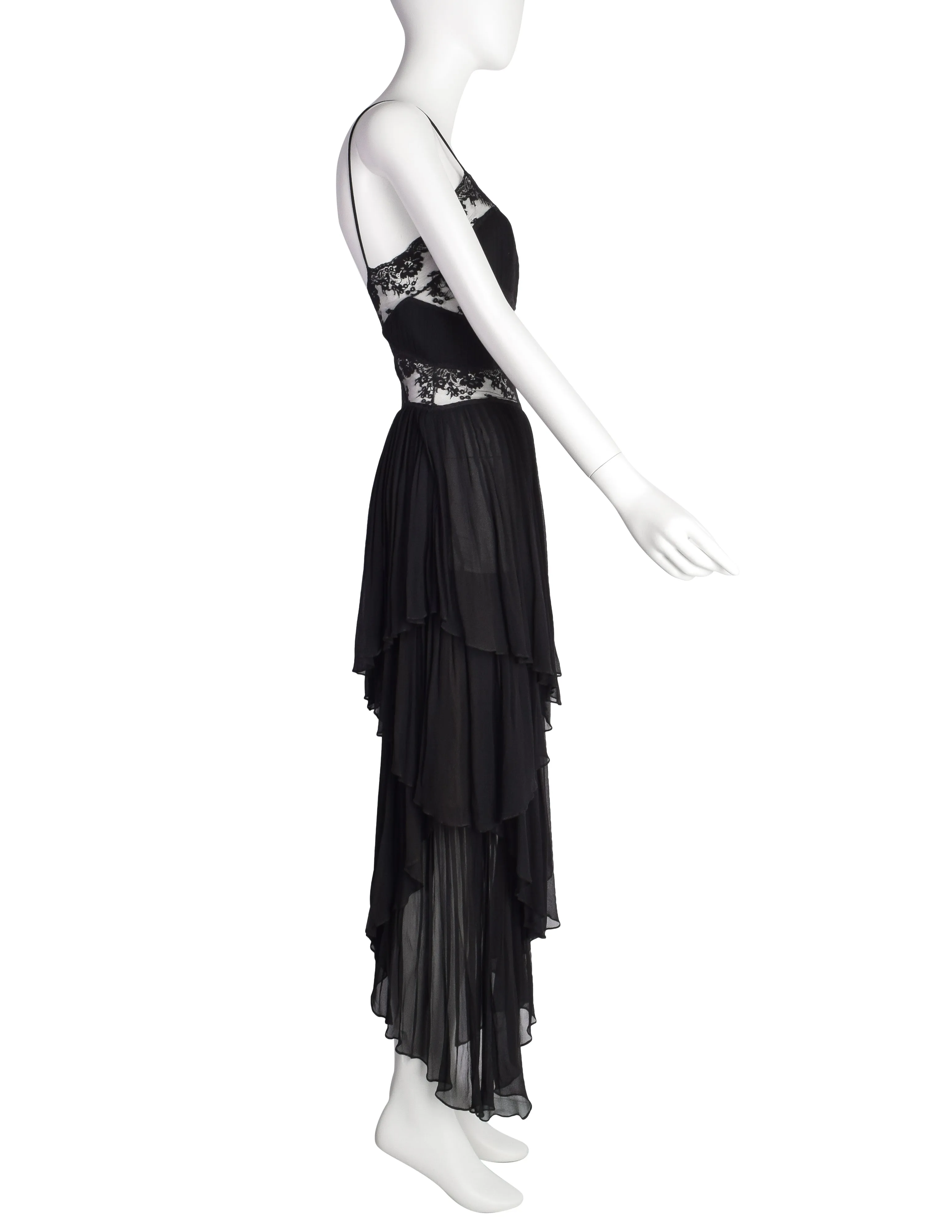 Alberta Ferretti Vintage AW 1993 Phenomenal Pleated Tiered Black Silk Lace Dress