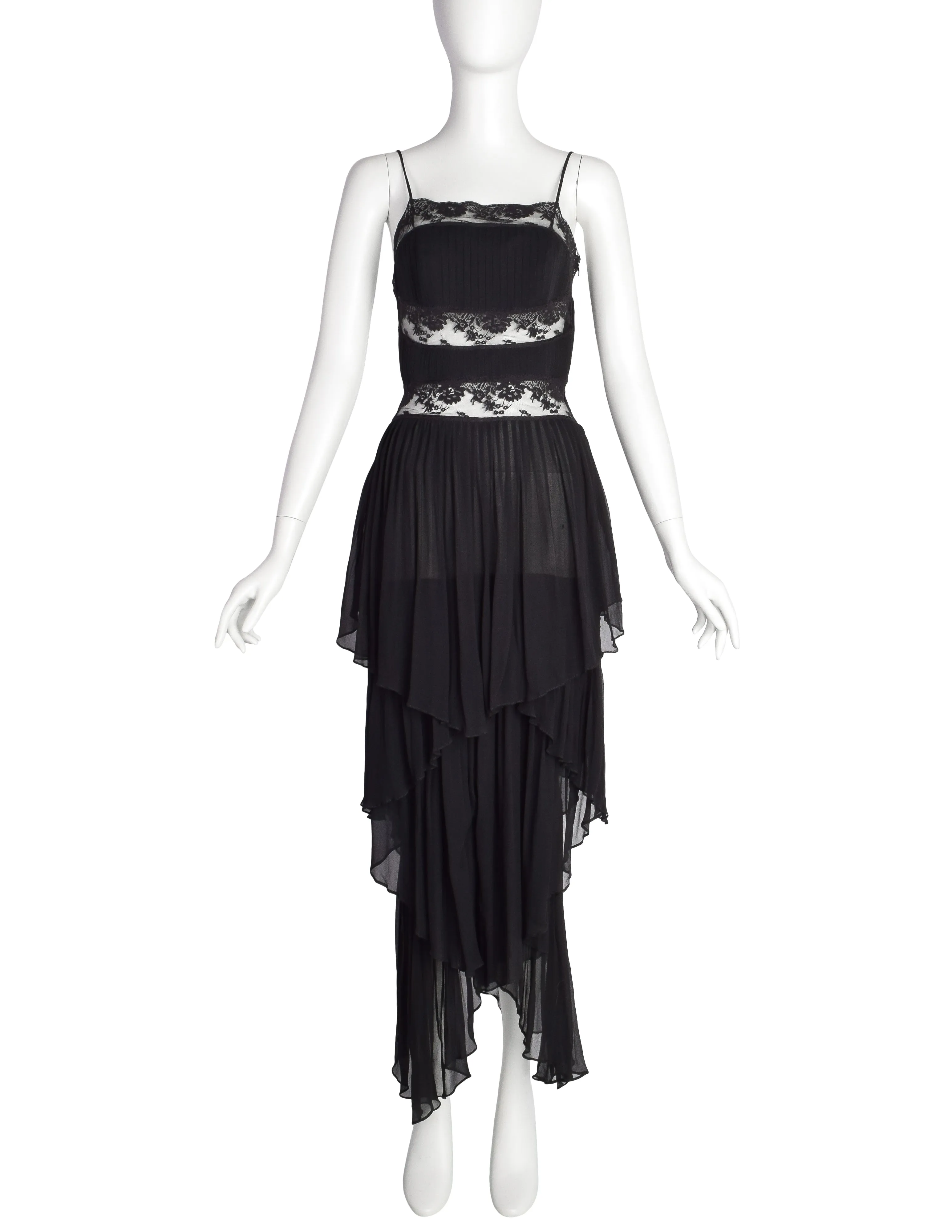 Alberta Ferretti Vintage AW 1993 Phenomenal Pleated Tiered Black Silk Lace Dress