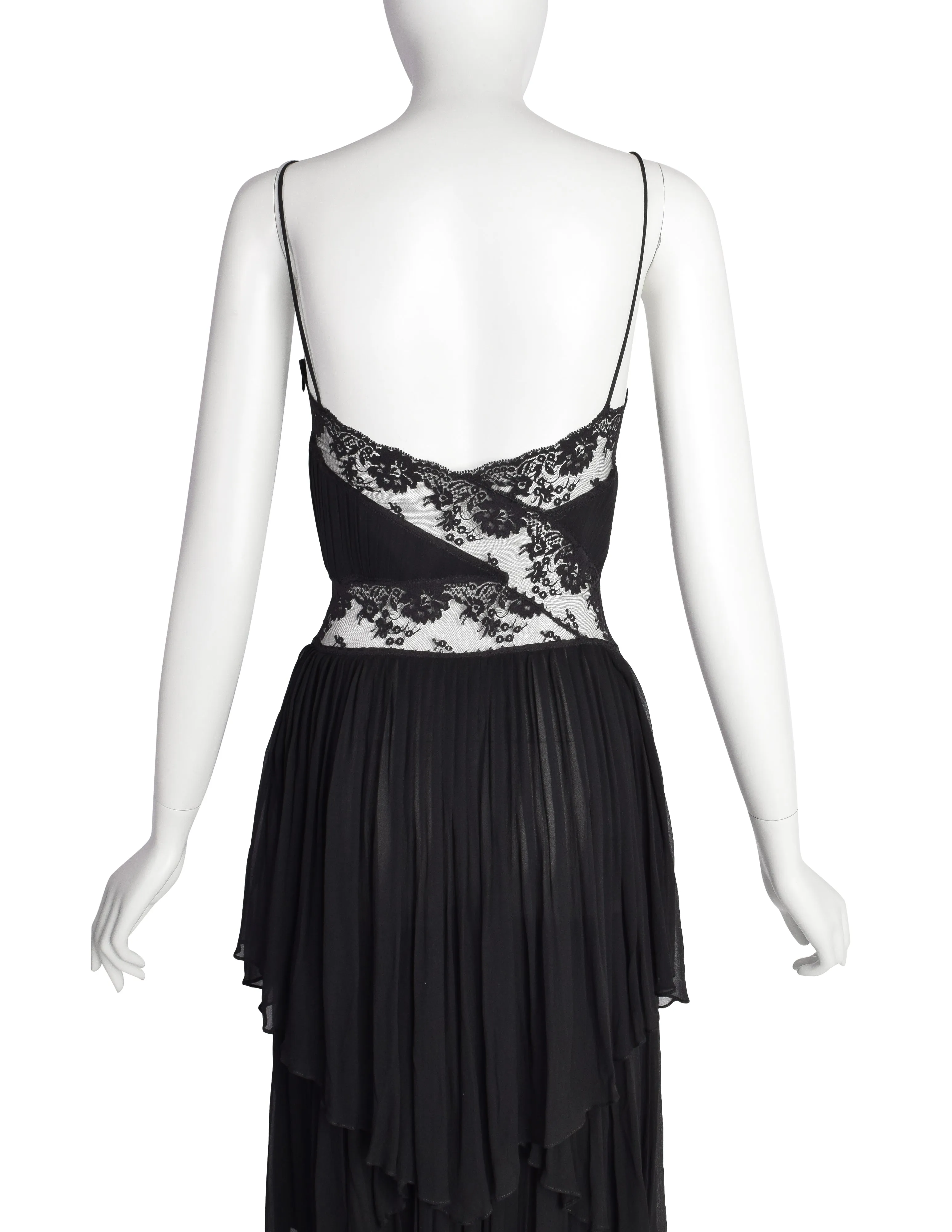 Alberta Ferretti Vintage AW 1993 Phenomenal Pleated Tiered Black Silk Lace Dress