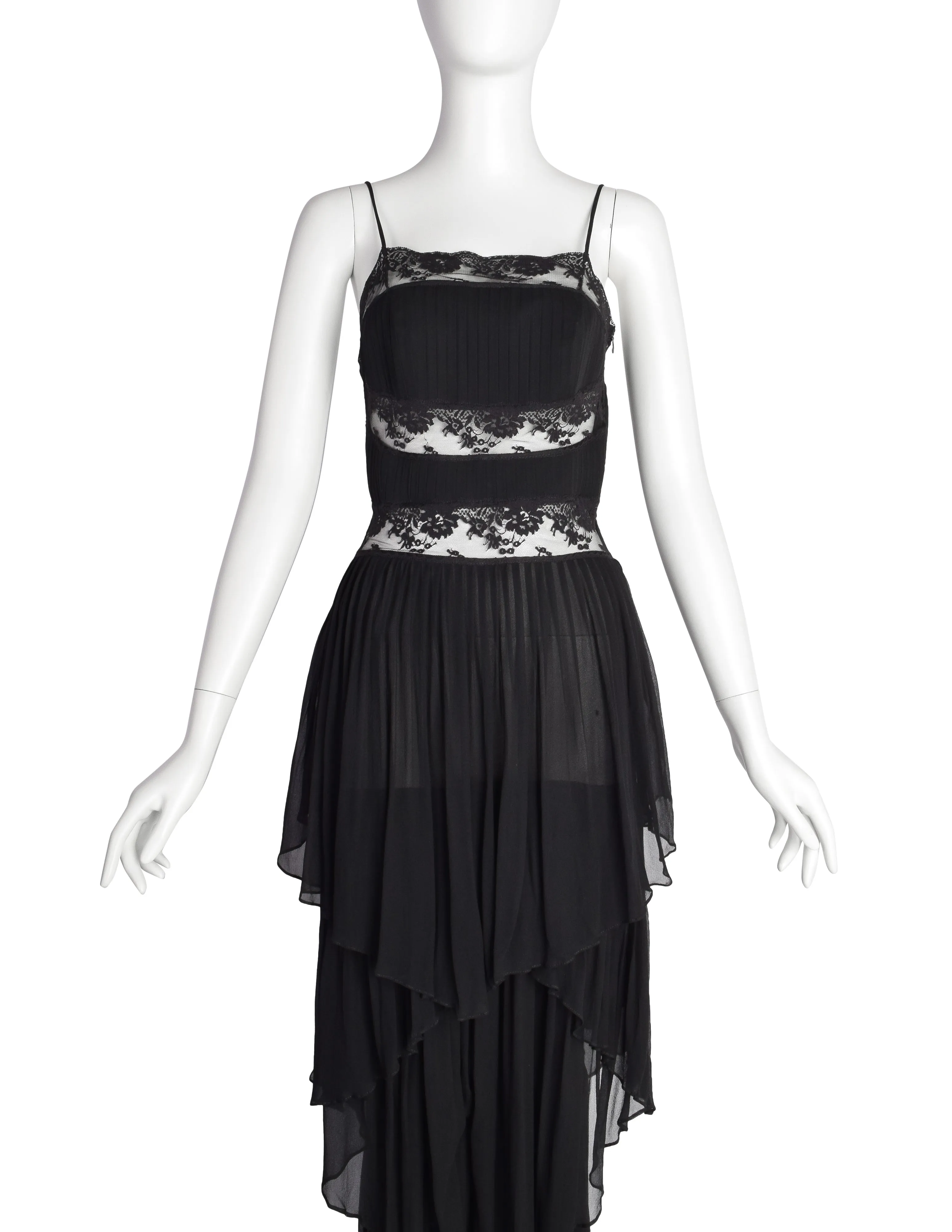 Alberta Ferretti Vintage AW 1993 Phenomenal Pleated Tiered Black Silk Lace Dress