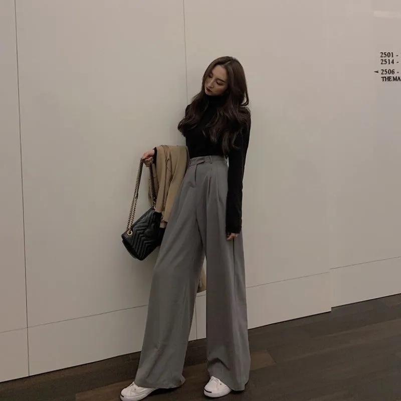 Amozae business casual outfits Casual Pants for Women 2024 Spring High Waist Draping Mop Slimming Pants Gray Loose Straight Wide Leg Suit Trousers