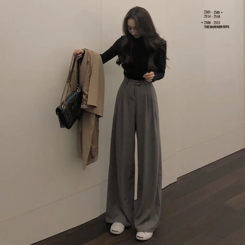 Amozae business casual outfits Casual Pants for Women 2024 Spring High Waist Draping Mop Slimming Pants Gray Loose Straight Wide Leg Suit Trousers