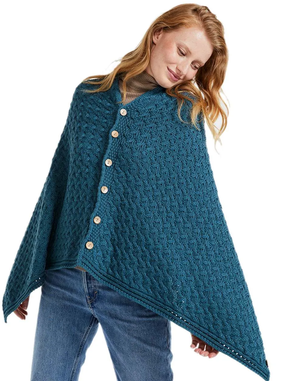 Aran Merino Wool Knit Button Poncho