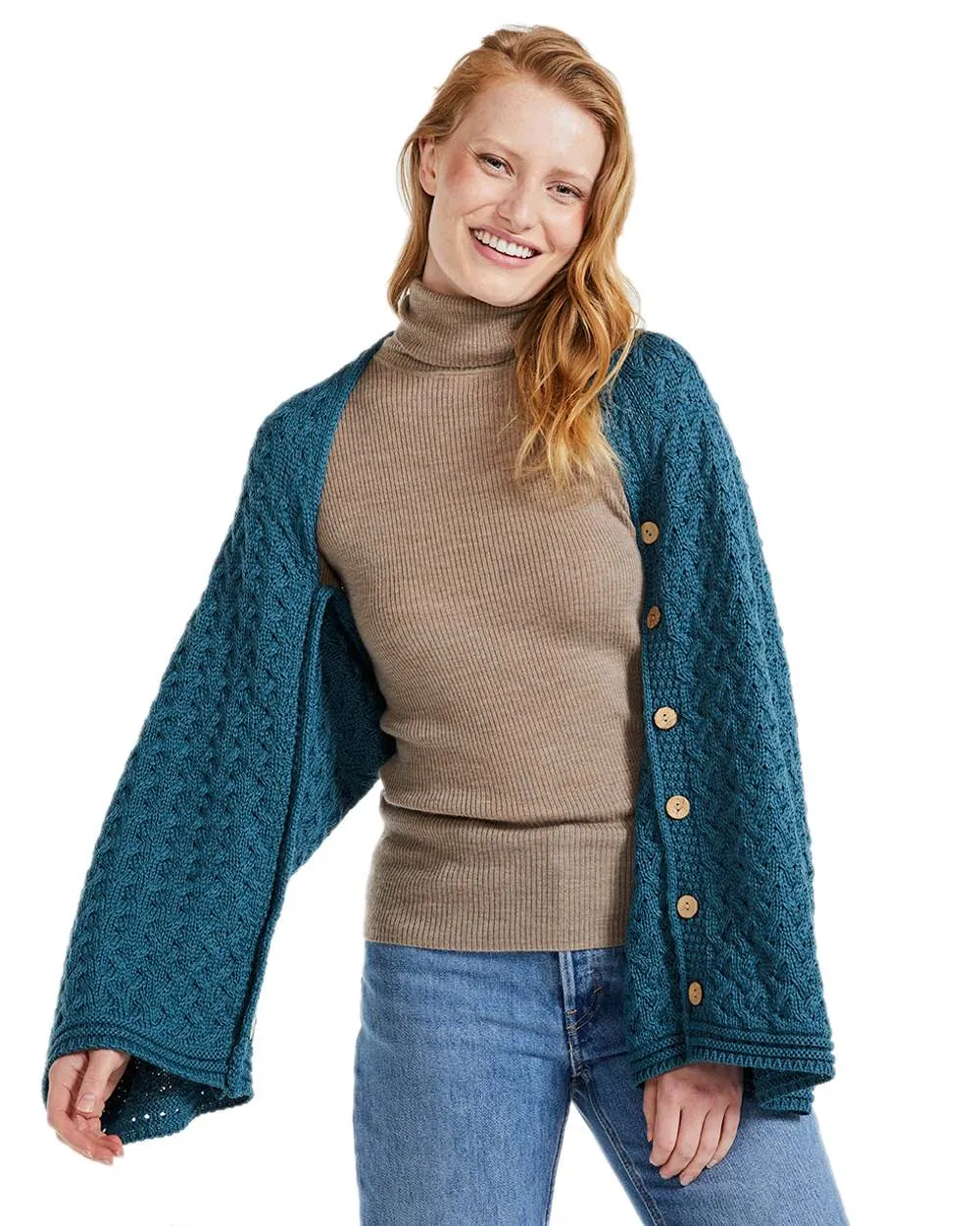 Aran Merino Wool Knit Button Poncho