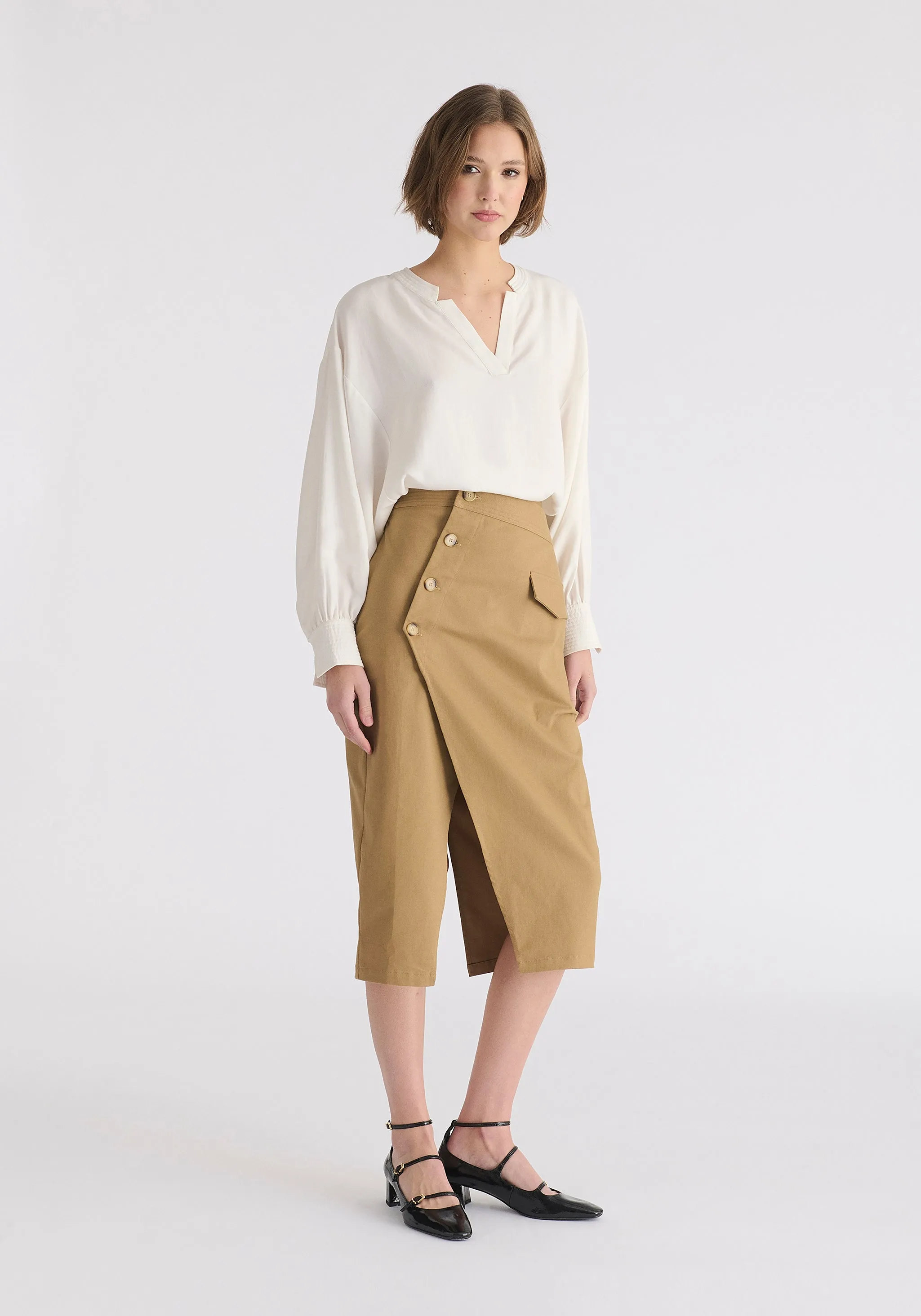 Asymmetric Midi Skirt with Button Details