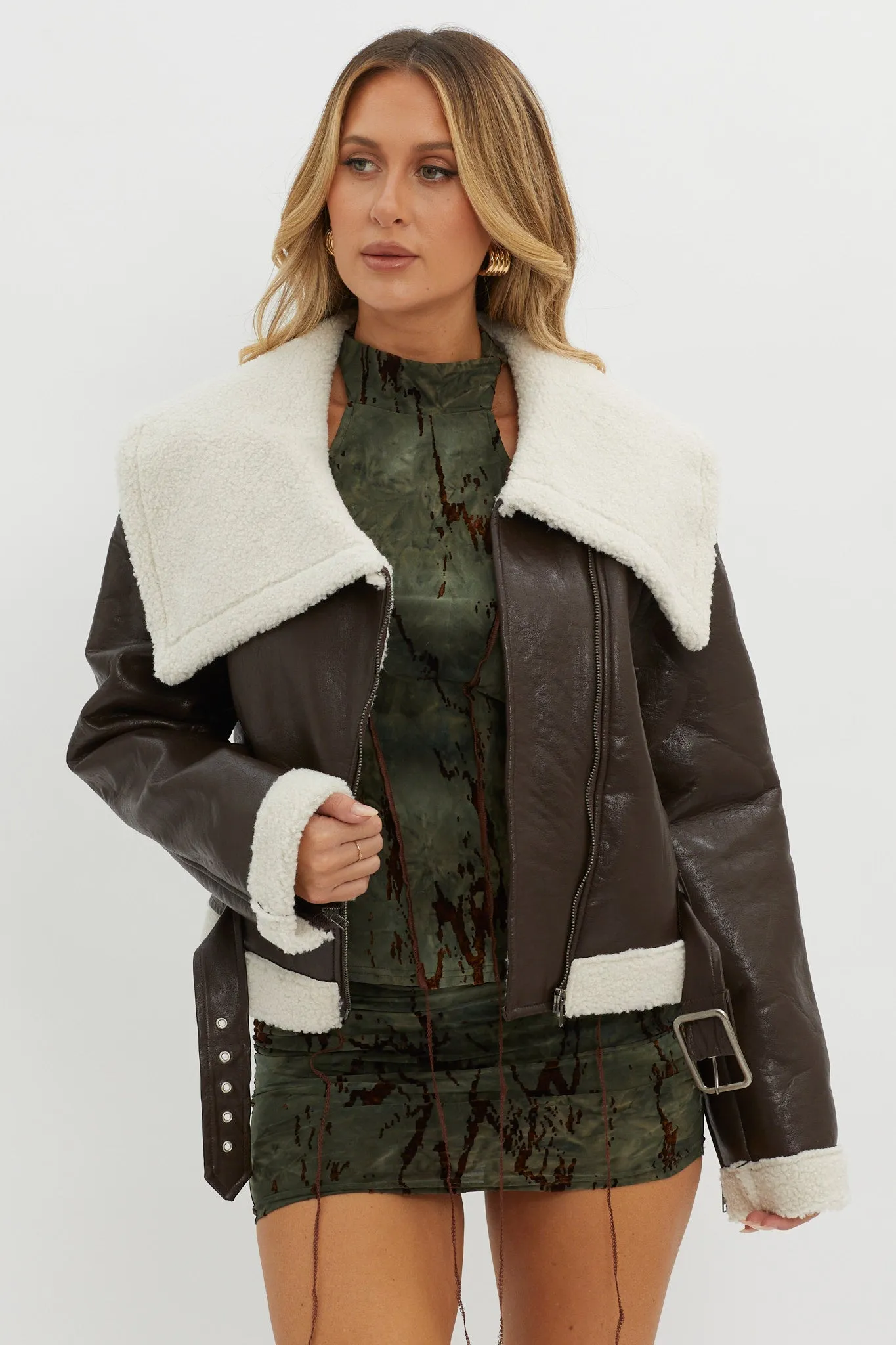 Aviatrix Faux Leather Sherpa Jacket Brown