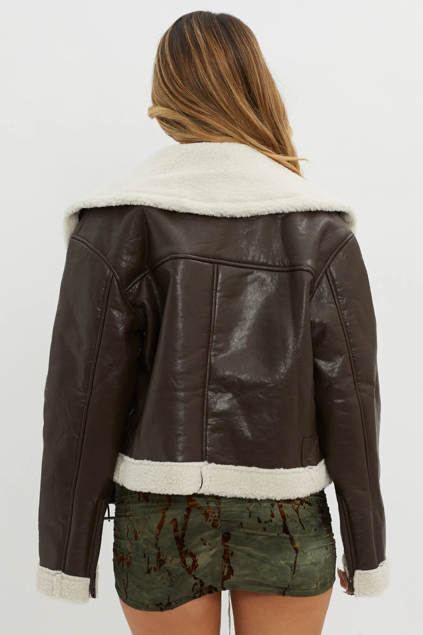 Aviatrix Faux Leather Sherpa Jacket Brown