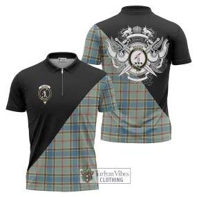 Balfour Blue Tartan Zipper Polo Shirt with Family Crest and Military Logo Style