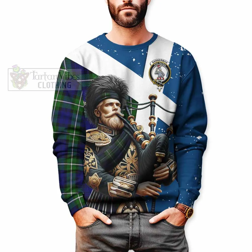 Bannerman Tartan Sweatshirt with Family Crest Scottish Bagpiper Vibes