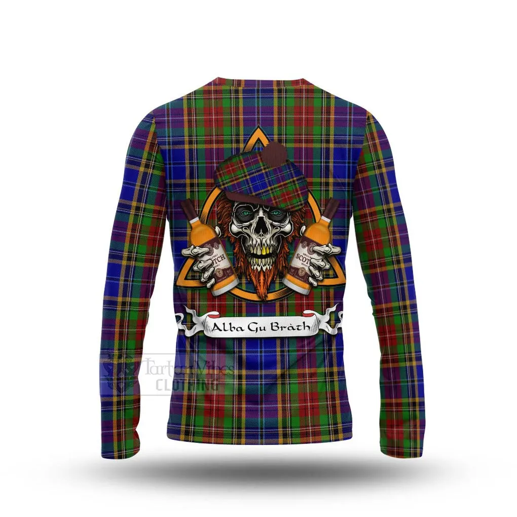 Beattie (Beatty) Tartan Long Sleeve T-Shirt with Family Crest and Bearded Skull Holding Bottles of Whiskey