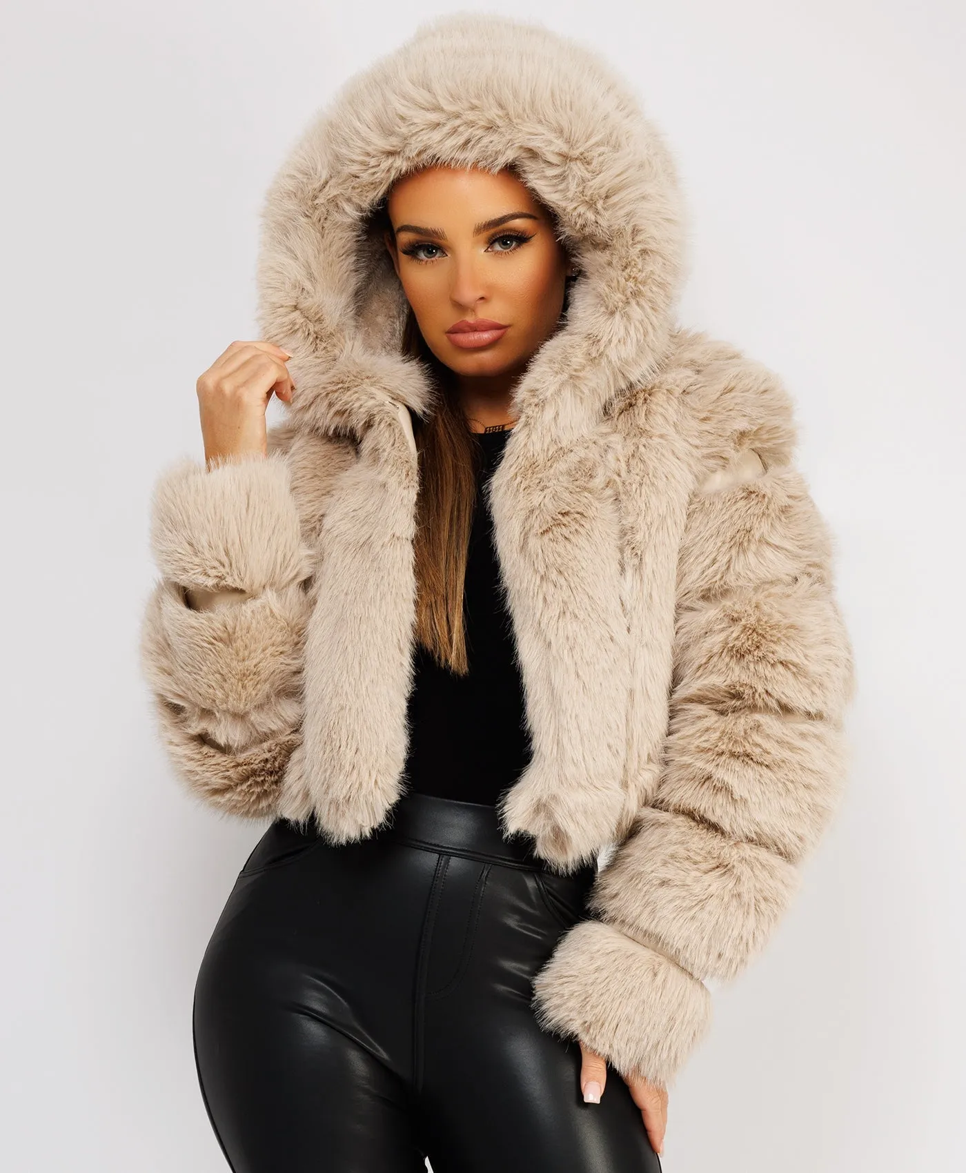 Beige Faux Fur Striped Panel Hooded Coat Jacket