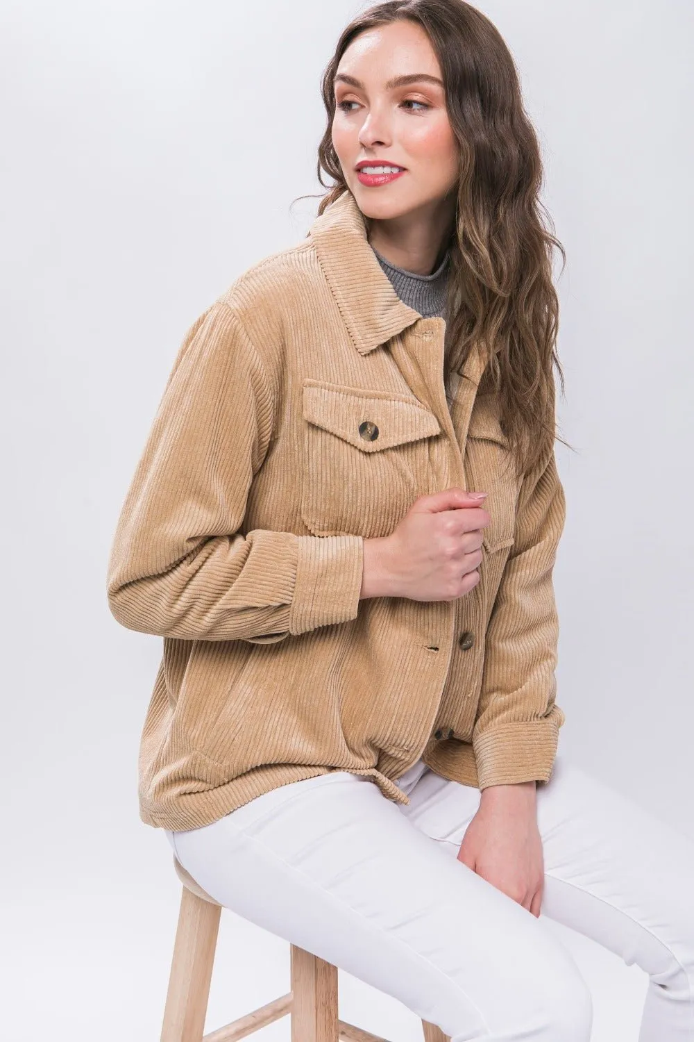 Beige Sherpa Lined Corduroy Button Up Jacket