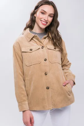 Beige Sherpa Lined Corduroy Button Up Jacket