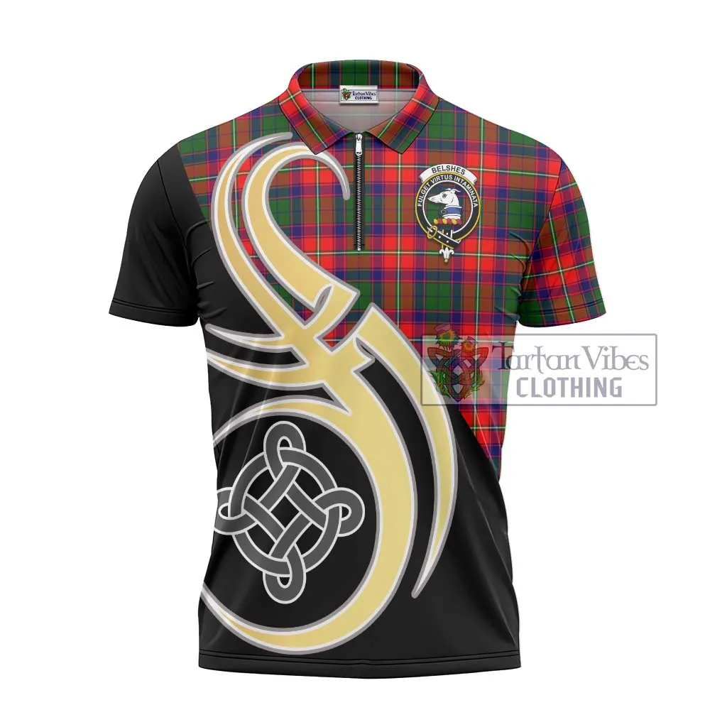 Belshes Tartan Zipper Polo Shirt with Family Crest and Celtic Symbol Style