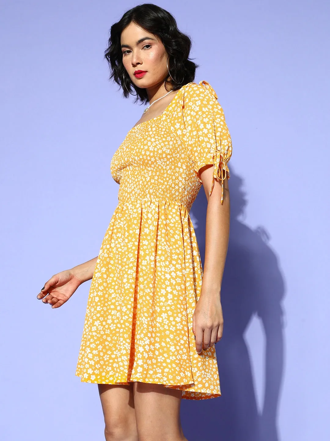 Berrylush Women Yellow & White Floral Printed Square Neck Smocked Back Crepe A-Line Mini Dress