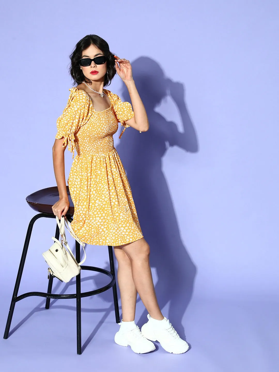 Berrylush Women Yellow & White Floral Printed Square Neck Smocked Back Crepe A-Line Mini Dress