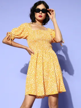 Berrylush Women Yellow & White Floral Printed Square Neck Smocked Back Crepe A-Line Mini Dress