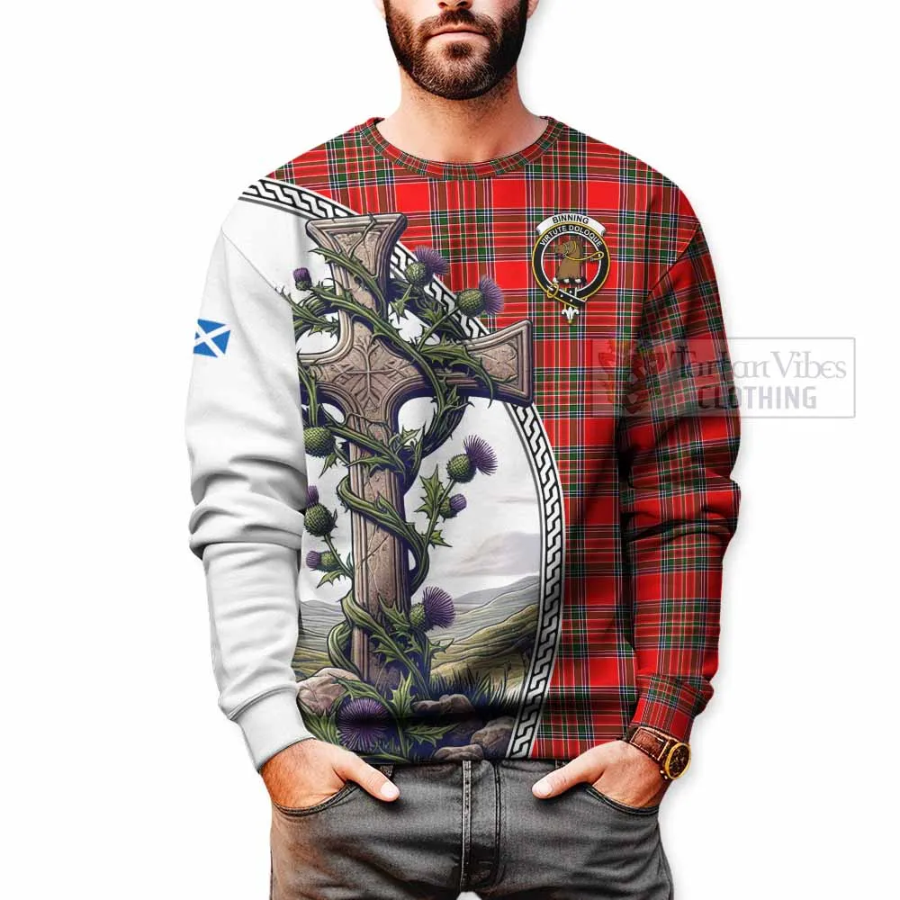 Binning Tartan Sweatshirt with Family Crest and St. Andrew's Cross Accented by Thistle Vines