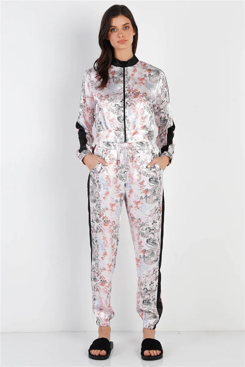 Black Contrast Satin Effect Multi Color Print Zip-up Jacket & Pants Outfit Set