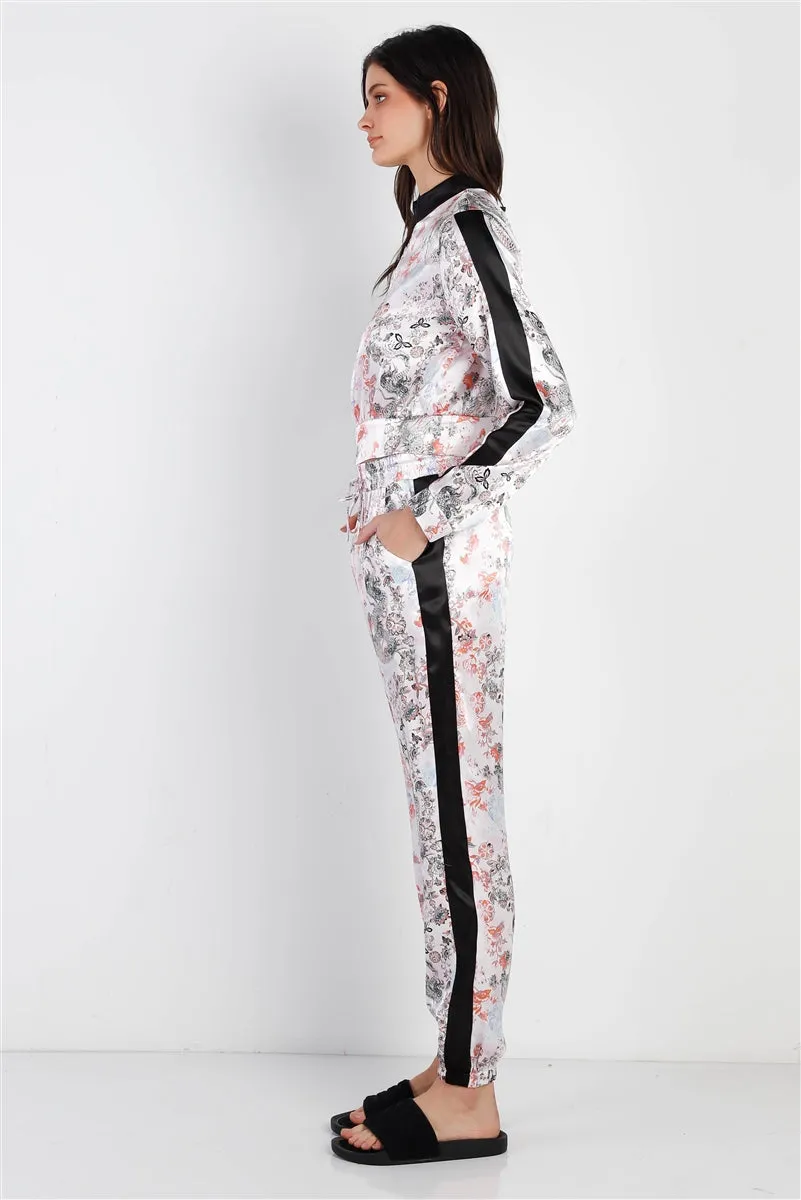 Black Contrast Satin Effect Multi Color Print Zip-up Jacket & Pants Outfit Set