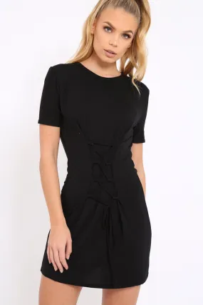 Black Lace Up T-shirt Dress - Tonia