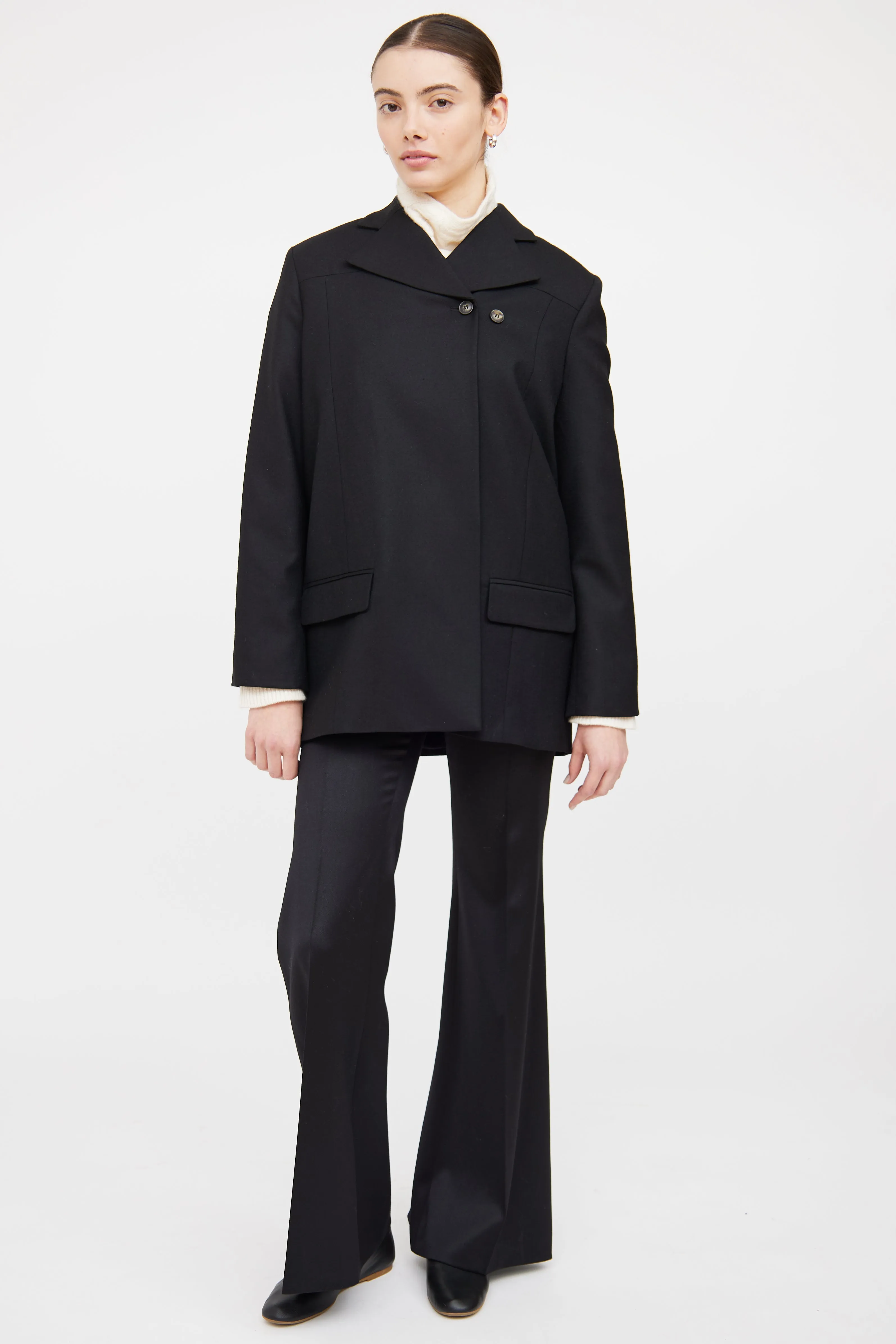 Black Wool Asymmetric Button Coat