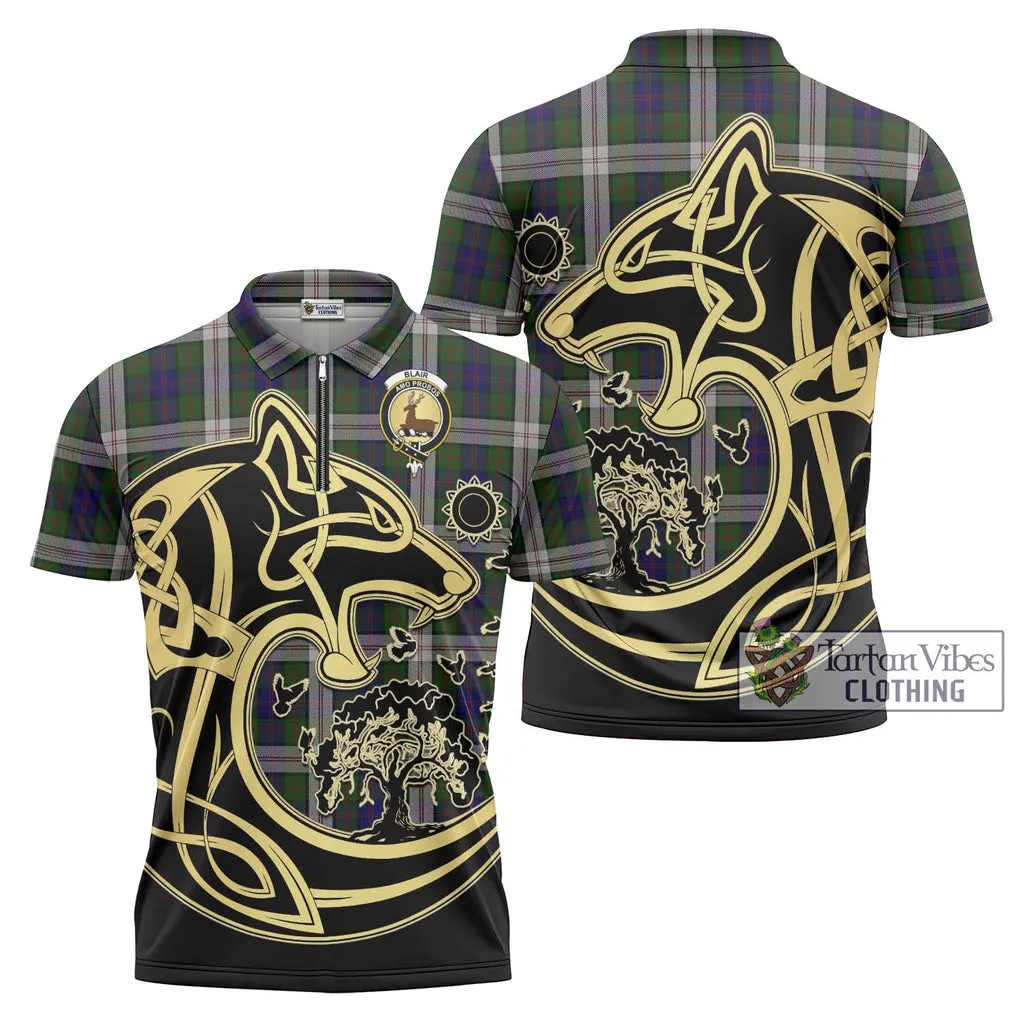 Blair Dress Tartan Zipper Polo Shirt with Family Crest Celtic Wolf Style