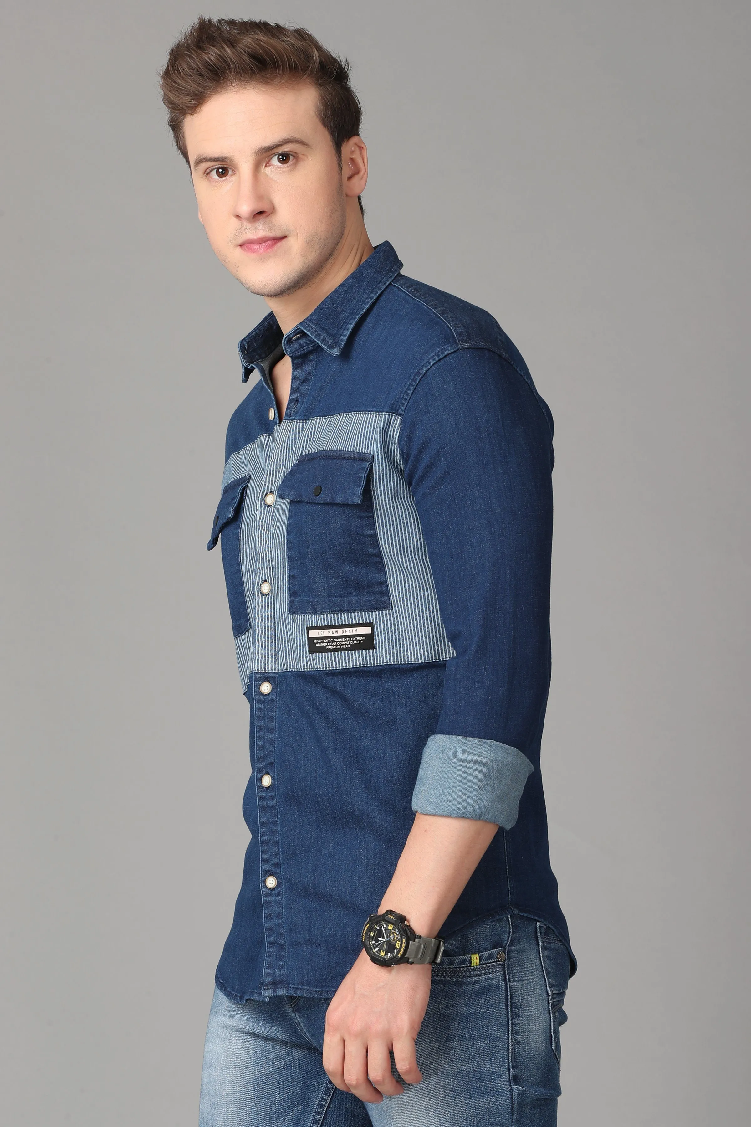 Blue and Grey Denim Shirt - Blue Pocket