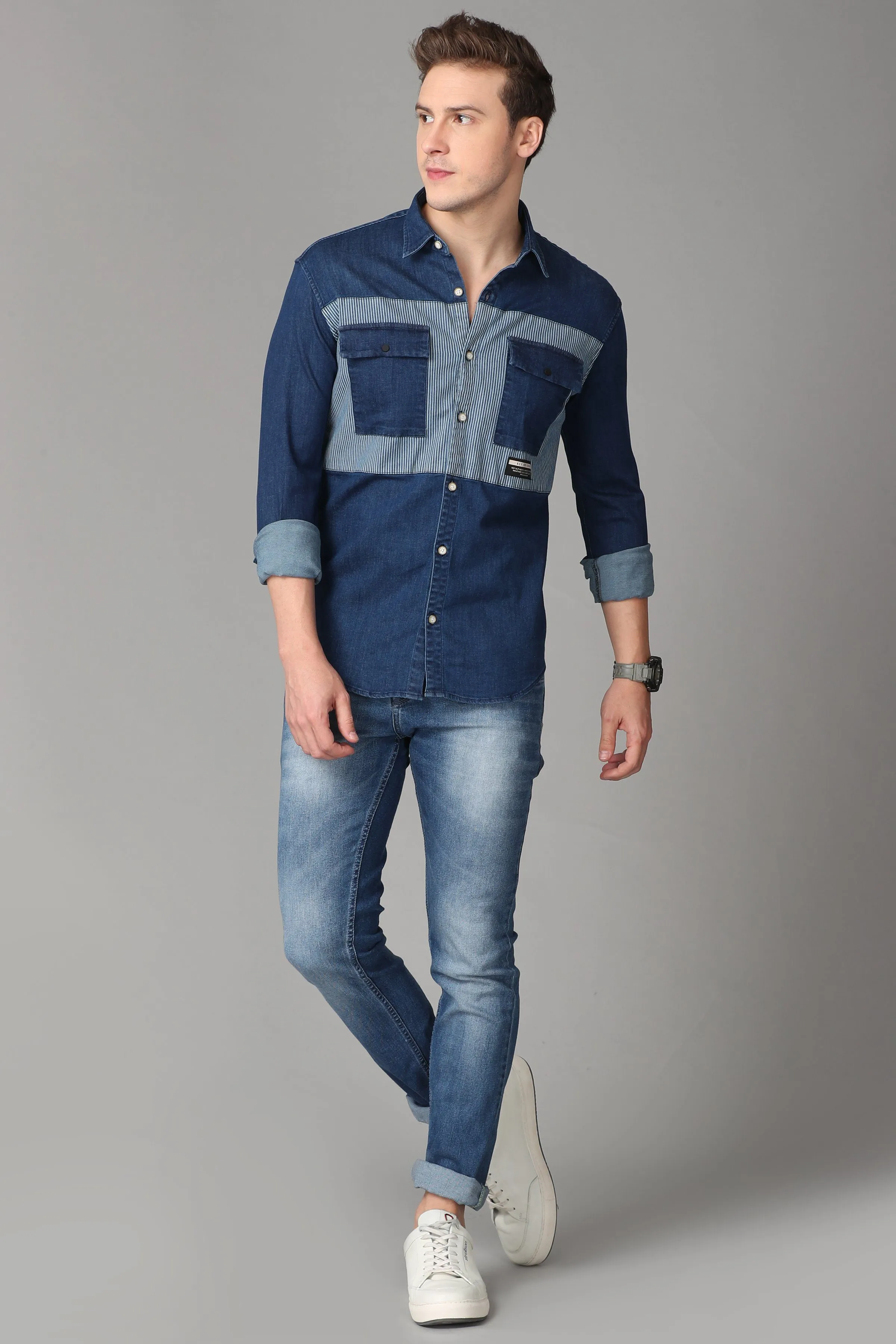 Blue and Grey Denim Shirt - Blue Pocket