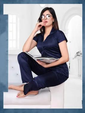 Blue Satin Night Suit Wear Set for Ladies