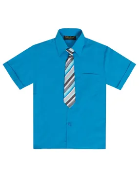 Boys Solid Short Sleeve Dress Shirt With Tie -Vivid Blue