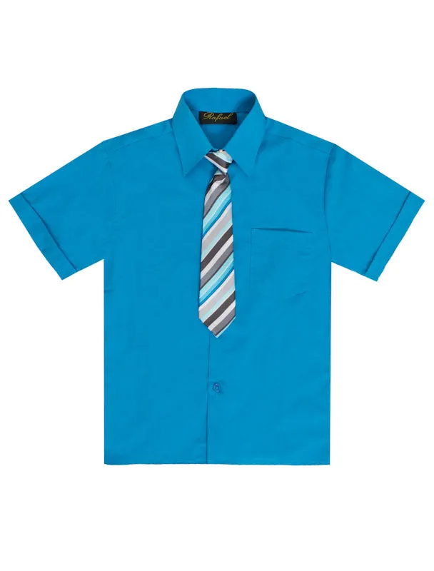 Boys Solid Short Sleeve Dress Shirt With Tie -Vivid Blue