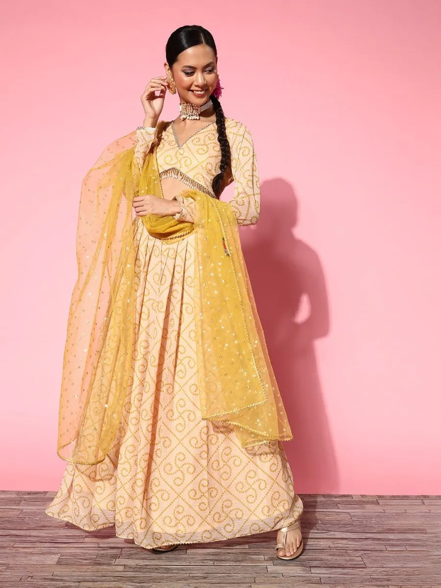 Bright Yellow Printed Semi-stitched Lehenga Choli With Dupatta