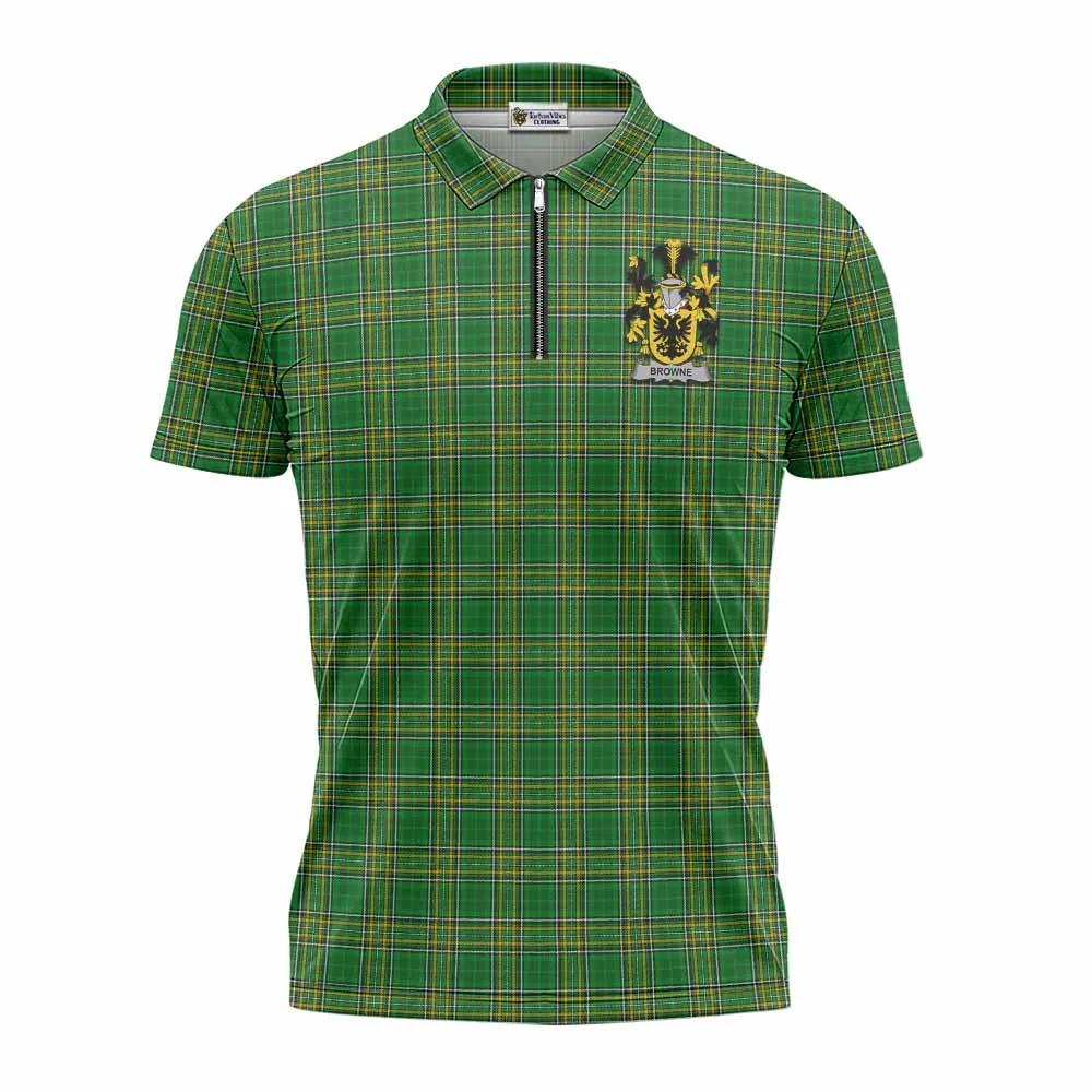 Browne Irish Clan Tartan Zipper Polo Shirt with Coat of Arms