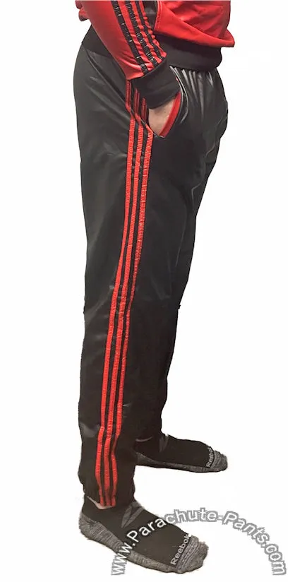 Bruno Black and Red Faux Leather 3-Stripe Wind Pants