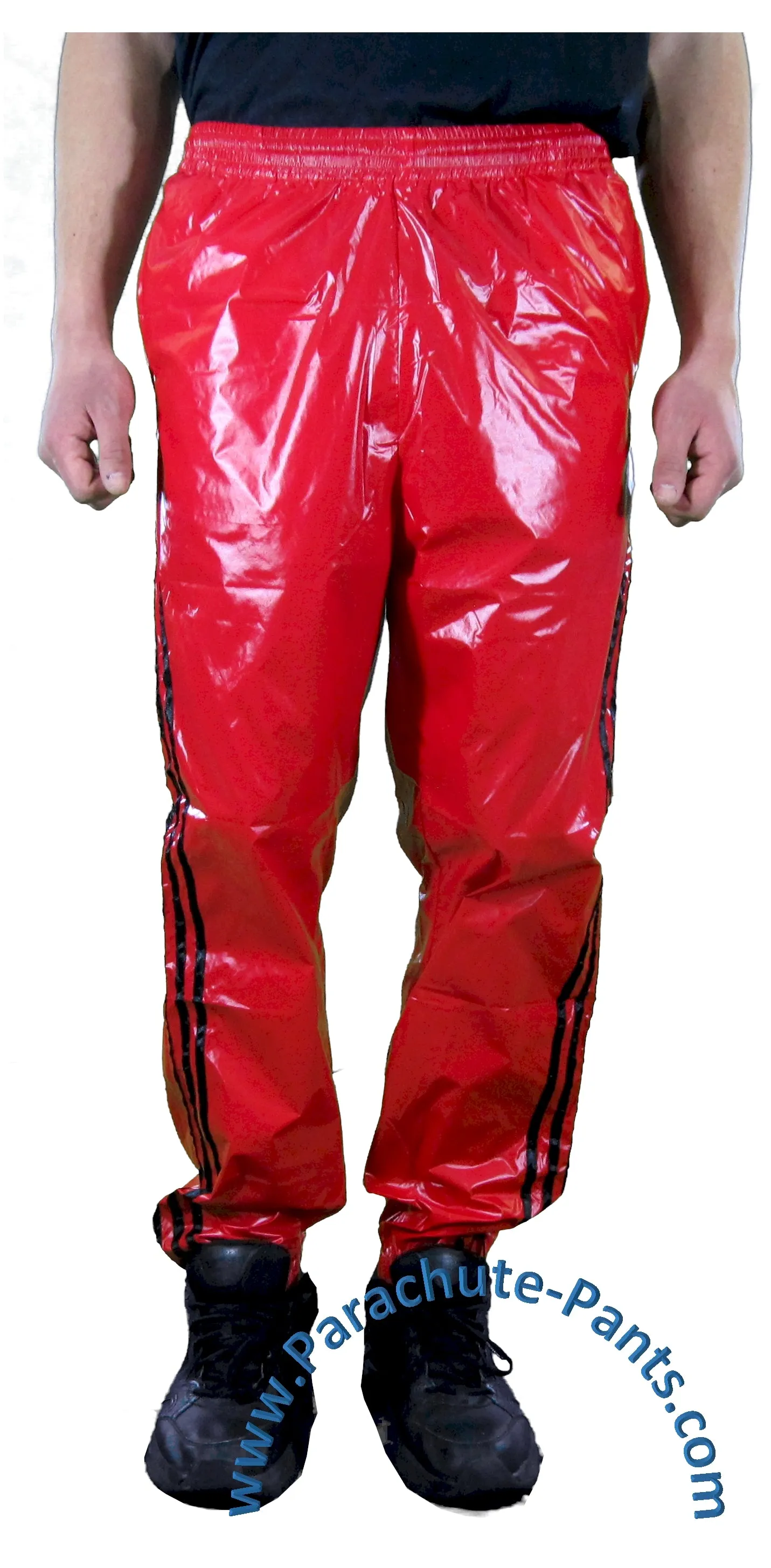 Bruno Red Shiny Nylon/Plastic 3-Stripe Wind Pants