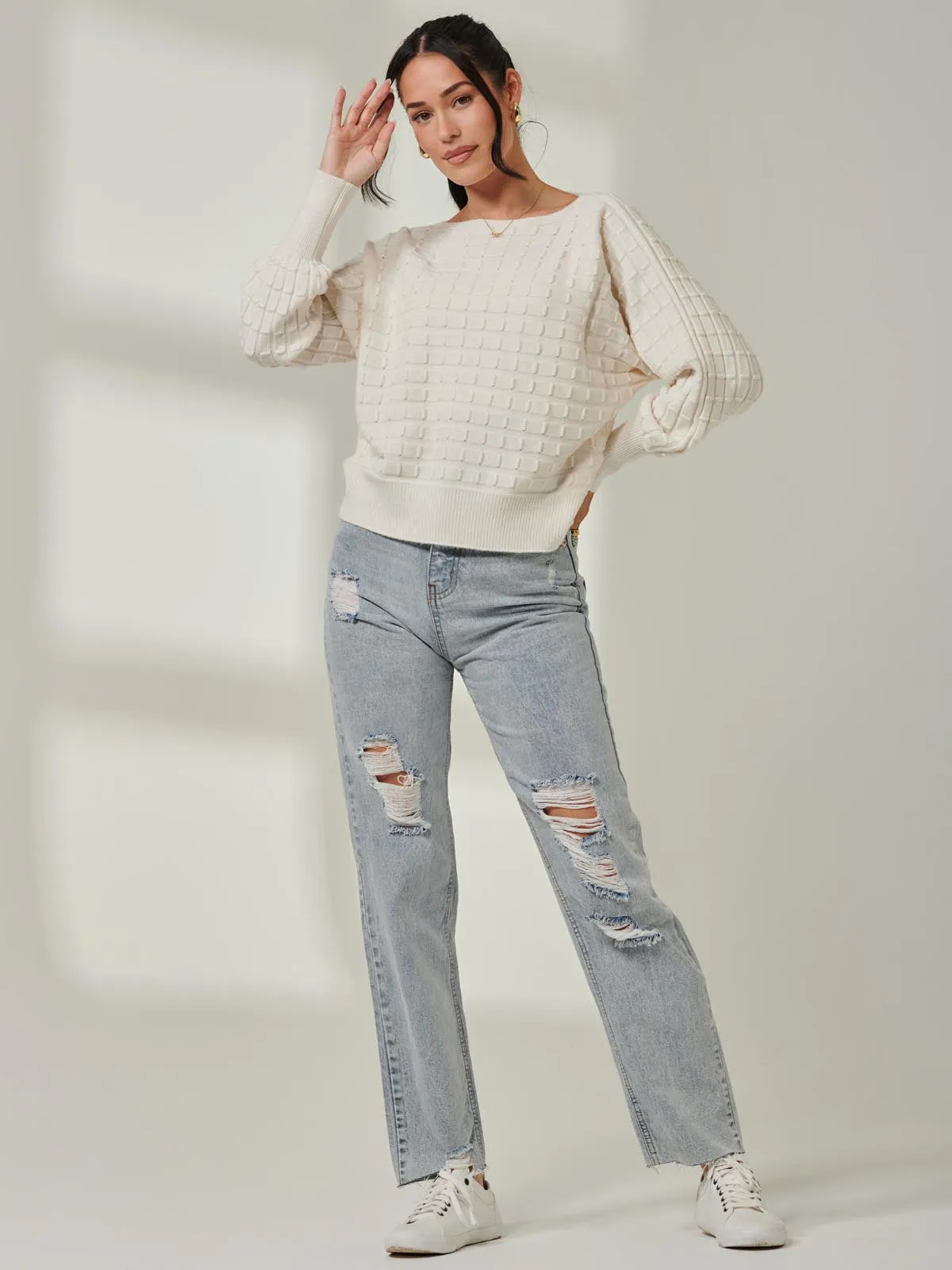 Bubble Stitch Batwing Knit Jumper, Oatmeal