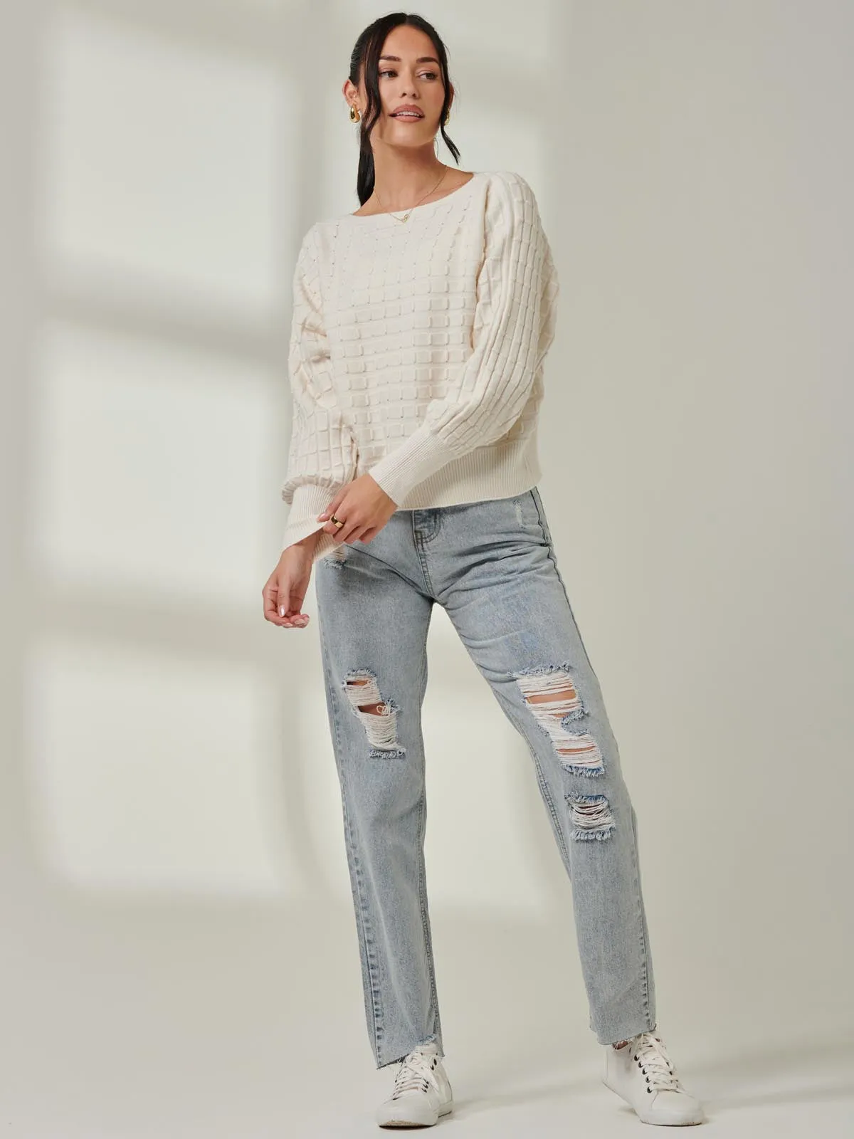 Bubble Stitch Batwing Knit Jumper, Oatmeal