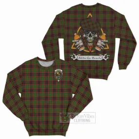 Buchan Tartan Sweatshirt with Family Crest and Bearded Skull Holding Bottles of Whiskey