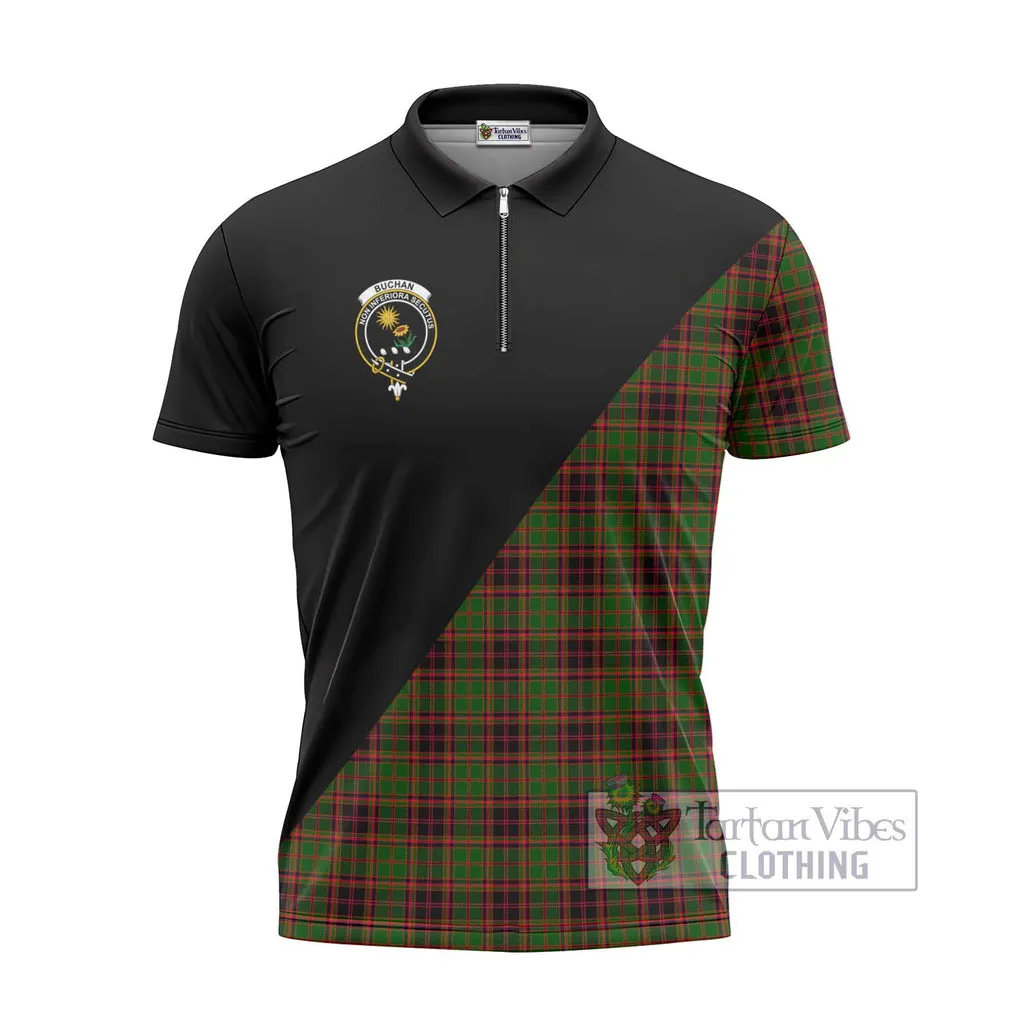 Buchan Tartan Zipper Polo Shirt with Family Crest and Military Logo Style