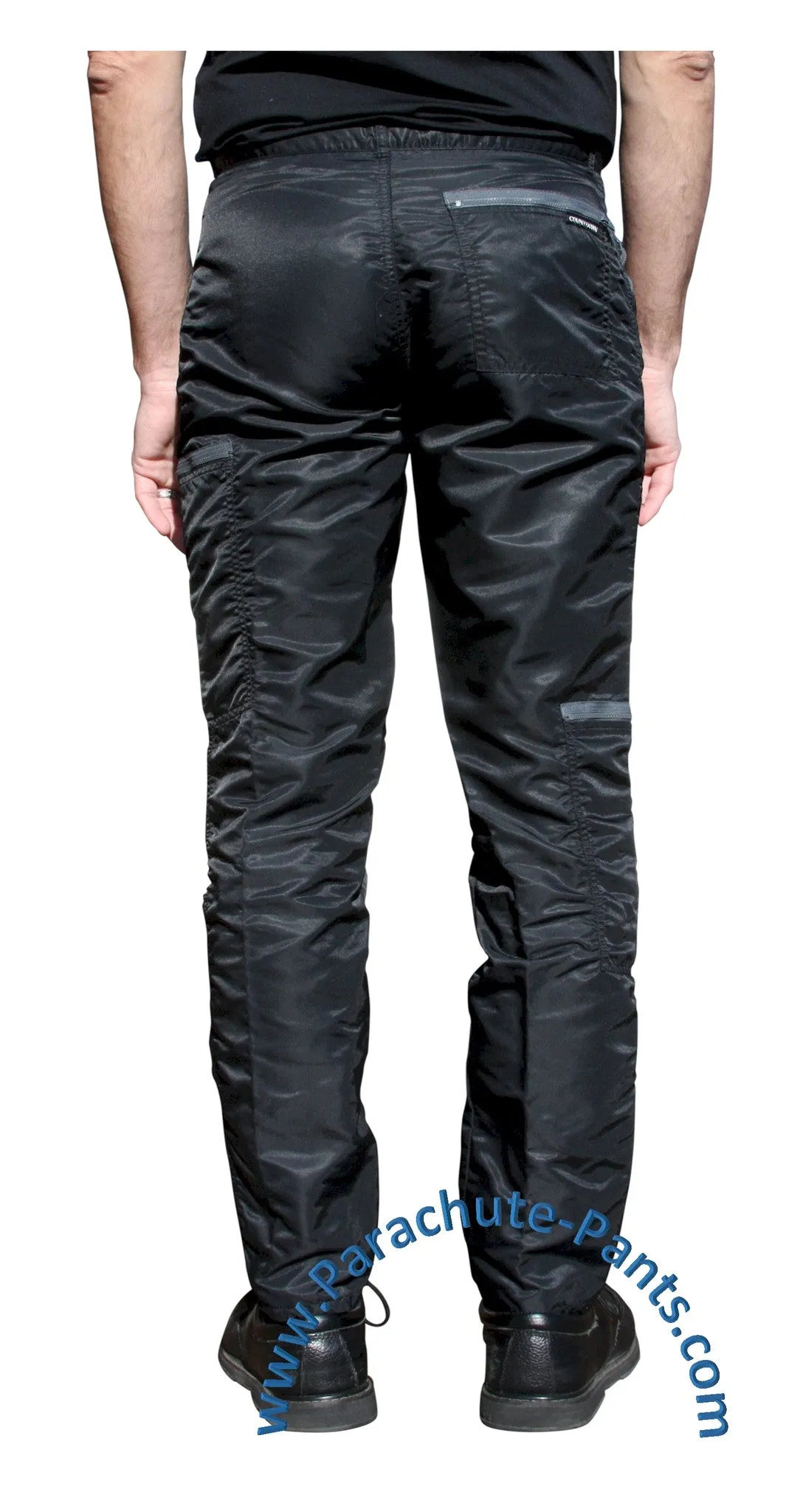 Bugle Boy Black Vintage Nylon Parachute Pants with Grey Zippers