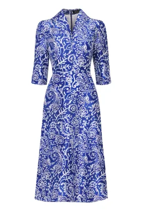 Calf Length, A-Line Dress in Blue and White Printed Silk Shantung - Naomi